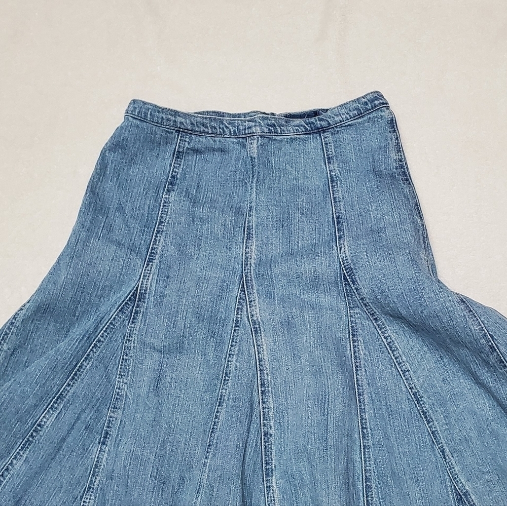 VINTAGE 1990s Light Wash Stone Wash High Rise Stretchy Midi Denim Panel Skirt M - Picture 5 of 11